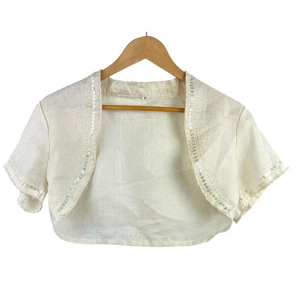 Coquette Womens M Sequin Trim Bolero Jacket Fairy Shrug Cream Angelic - Picture 2 of 9